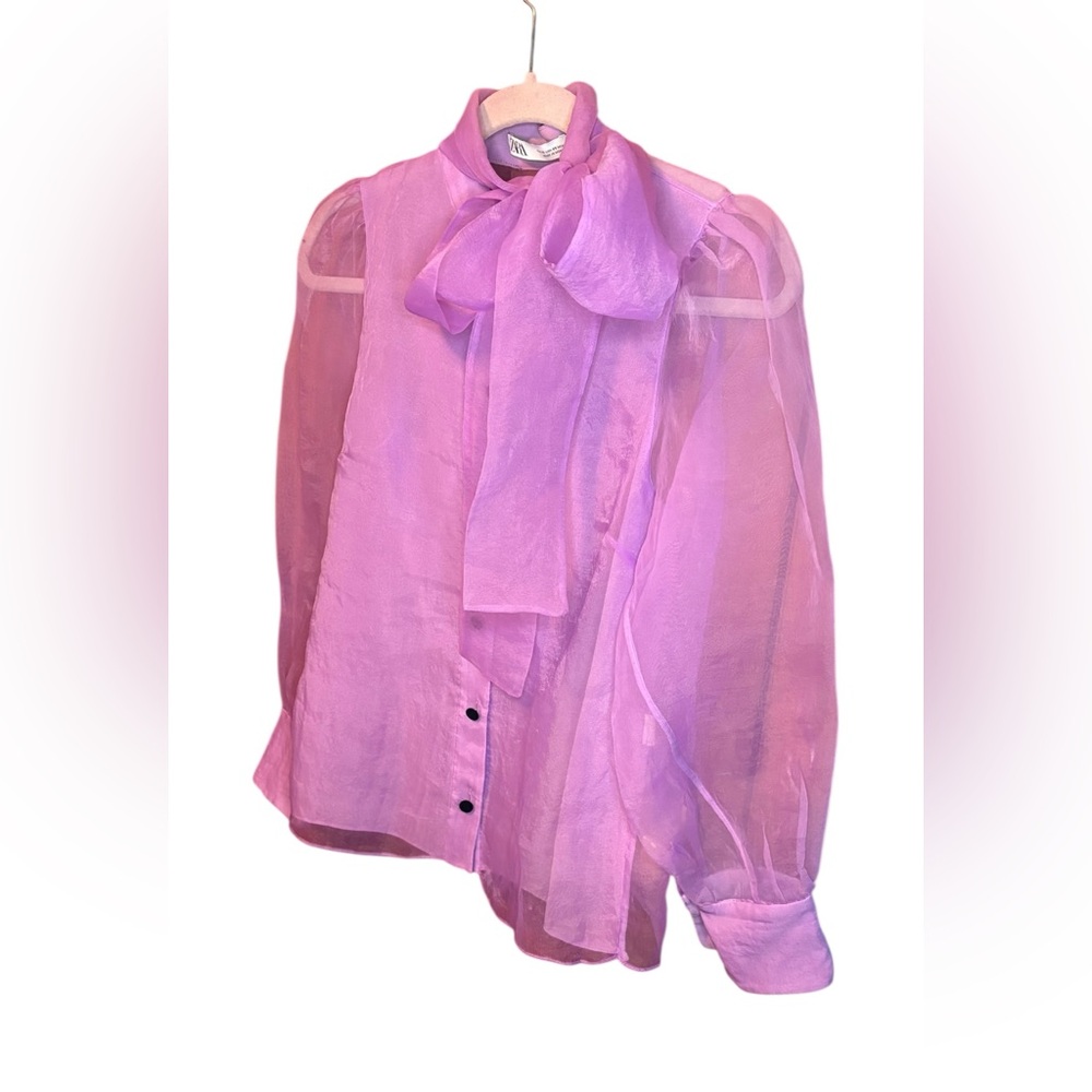 Zara Lavender Sheer Bow Tie Blouse - Picture 8 of 9